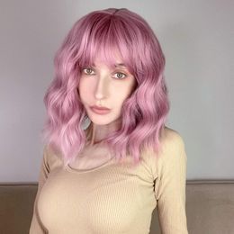 Synthetic Wigs For Cosplay Resistant Heat Wig With Bangs Short Bob Body Wave Pink Colour WomenSynthetic