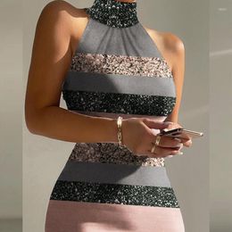 Casual Dresses Spring Color Block Bright Silk Shiny Party Dress Women Sexy High Neck Slim Bodycon Summer Sleeveless Tank Maxi Beach