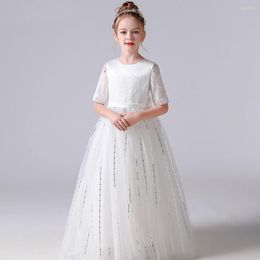 Girl Dresses Elegant Tulle First Communion Junior Bridesmaid Dress Sparkly Kids Princess Birthday Party Pageant Gown White