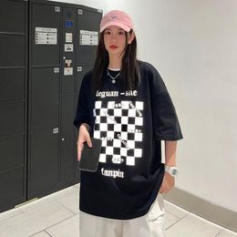 Women's T Shirts Oversized Reflective Print Womens Summer Fashion Trends Short Sleeve Checkerboard Graphic Tops Teenage Streetwear