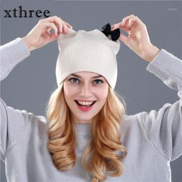 Beanies Xthree Fur Wool Knitted Hat Winter Spring Skullies For Women Girls Kitty Feminino1