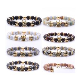 Charm Bracelets Volcanic Rock 8Mm Yoga Beads Handmade Beaded Inlaid Zircon Crown Natural Stone Bracelet Bangle Fashion Jewellery H800F Dhruv