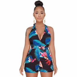 Women's Jumpsuits & Rompers Leaf Print Sexy Playsuits V Neck Backless Halter Womens Jumpsuit Bohemian Beach Playsuit Summer Short Overalls P