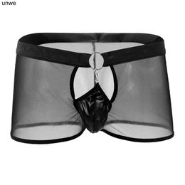 Underpants Erotic Men's Sexy Underwear Mid-waist Mesh Keychain Button Male Panties Faux Leather Pouch Boxer Shorts M-XXL