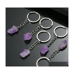 Arts And Crafts Natural Stone Amethyst Crystal Key Ring Keychain Pendant Keyrings Bag Accessories Jewellery Drop Delivery Home Garden Dhnku