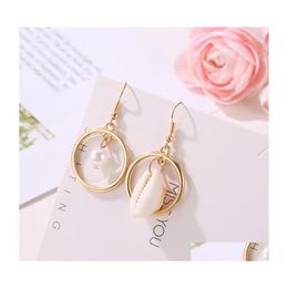 Dangle Chandelier European And American Asymmetrical Beach Conch Earrings For Women Round Shell Faux Pearl Drop Fashion Jewellery Gi Dhanf