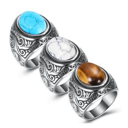 Solitaire Ring Top Quality Stainless Steel Turquoise Rings For Men Women Vintage Retro Ancient Sier Punk Titanium Finger Fashion Dro Dhmbk