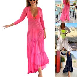 Women's Swimwear Women Fashion Holiday Beach Deep V-neck Long Sleeve Clothing One-piece Cover Up Solid Color Irregular Hem See-through Dress