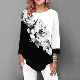 S-3XL T Shirt Women Plus Size Three Quarter Ladies Tee Shirts Floral Print Loose Casual Tops Female Irregular Autumn Clothes233m