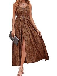 Casual Dresses Vintage Retro Beachwear Holiday Long Dress Women Summer Spaghetti Strap Sashes High Split Party VestidosCasual