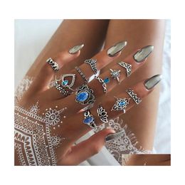 Cluster Rings Fashion Carve Antique Sier Midi Set For Women Turtle Crown Heart Lotus Knuckle Finger Female Bohemian Jewelry Gift Dro Dh5Ob