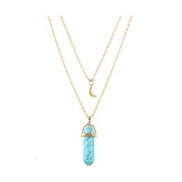 Pendant Necklaces Fashion Geometric Natural Stone Moon High Quality Double Layer Chain Necklace For Women Adjustable Sweater Accesso Dhaip