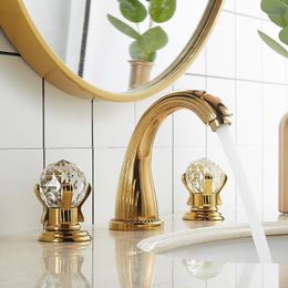 Bathroom Sink Faucets Tuqiu Basin Faucet Gold 3 Hole Widespread Mixer And Cold Brass Amd Crystal Water Tap