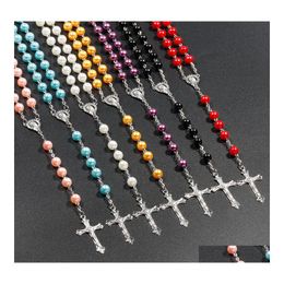 Pendant Necklaces 7 Colors Religious Catholic Rosary Jesus Cross Long 8Mm Bead Chains For Women Men Christian Jewelry Gift Drop Deli Dhqsv