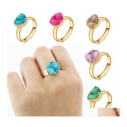 Band Rings Fashion Natural Stone Geometric Druzy Drusy Quartz Bohemian Gold Colour Adjustable For Women Jewellery Gift Drop Delivery Rin Dh5Vn