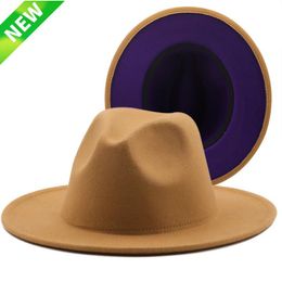 Wide Brim Hats Outer Tan Inner Purple Wool Felt Jazz Fedora Men Women Panama Trilby Cap 56-58CM Wholesale