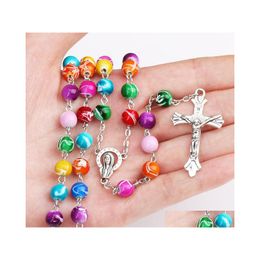 Pendant Necklaces Religious Catholic Rainbow Rosary Long Jesus Cross 8Mm Bead Chains For Women Men S Fashion Christian Jewellery Drop Dhkch