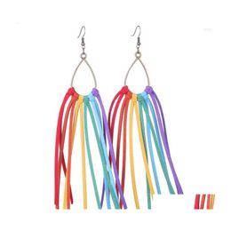 Dangle Chandelier Earrings Teardrop Accented Rainbow Suede Leather Tassel Boho For Women Fashion 16 Cm Long Fringe Statement Jewel Dhcwl