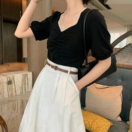 Casual Dresses Age-Reducing Summer Adult Lady Like Woman Workplace Graceful Puff Sleeve V-neck T-shirt High Waist Skirt Two-Piece SetCasual
