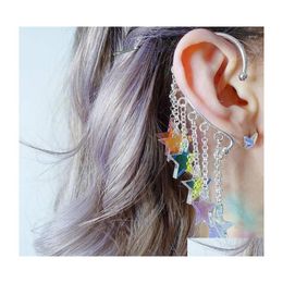 Dangle Chandelier Earrings 1Pcs Magical Girl Ear Cuff With Rainbow Iridescent Stars And Chains/Butterfly Crystal Drop Delivery Jewe Dhwp3