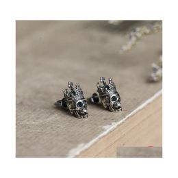 Stud 100 925 Sterling Sier Creative Retro Skl King Crown Earring Punk Gothic Style Ear Pin For Men Women Jewelrystud Drop Delivery J Dh7It