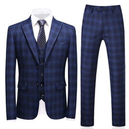 Men's Suits & Blazers Plyesxale 3 Piece Plaid Suit Men 2023 Slim Fit Navy Royal Blue Wedding S-5XL Brand Designer Business Dress Tuxedo