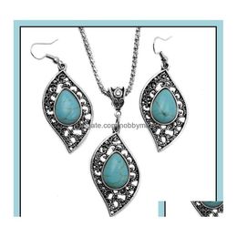 Earrings Necklace Jewellery Sets Fashion Turquoise Set Antique Sier Leaves Pendant Necklacesaddearring 2Pcs For Women Drop Delivery 2 Dhznl