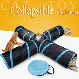 Cat Toys 4-Way Collapsible Tunnel Tube Polyester Funny Ring Bell Foldable Kitten Pet Interactive Animal