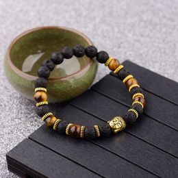 Strand Beaded Strands Ethnic Natural Lava&Tiger Eye Stone Men Bracelet Meditation Gold Buddha Copper Beads Bangles Yoga Jewelry DropBeaded