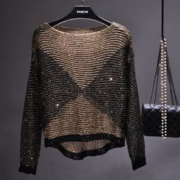 Women's Sweaters European And American Hollow Sequins Loose Knitted Pullover Bright Silk Bottoming Shirt Long-sleeved Round Neck Stitching T