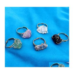 Band Rings Natural Crystal Stone Ring Irregar Wire Wrap Women Men Healing Amethysts Fluorite Goldcolor Resizable Quartz Drop Deliver Dhjdr