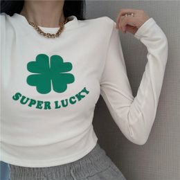 Women's T Shirts Autumn And Winter Short Top Pleated Minority Clover Printed Style Long Sleeve Bottomed Shirt T-shirts