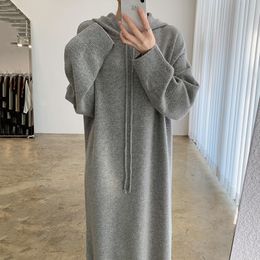 Casual Dresses Simple Long Sweater Dress Women Split Hooded Knitted For Loose Sleeve All Match Vestido Korean Chic Robe