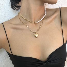 Choker Chokers Vintage Pearl Necklace Women Fashion Double Layer Golden Love Pendant Necklaces Clavicle Chain Female Party Jewelry