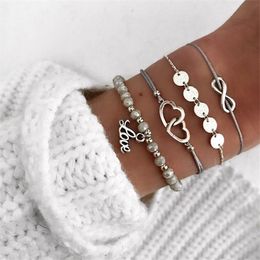 Charm Bracelets Fashion Accessories Weave Rope Chain Beaded Double Heart Love Letters Pendant 4 Pieces Set For Women Jewellery Bangle