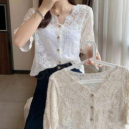 Women's Blouses & Shirts Korean Vintage Summer Floral Embroidery Crochet White Lace Cardigan Women Corp Tops For Blouse And 2023