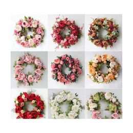 Decorative Flowers Wreaths Artificial Flower Wreath Peony 40Cm Diameter Door Round Garland Home Front Decor Drop Delivery Garden F Dhqcg