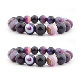 Other Bracelets Natural Crystal Bangle 14Mm Purple Striped Agate Ball Diy Bead Bracelet Jewelry Women H541F Z Drop Delivery Dh6Xu
