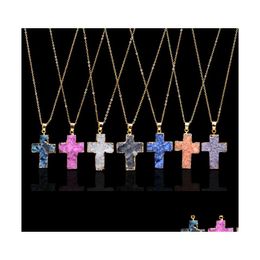 Pendant Necklaces Natural Stone Cross Necklace Crystal Healing Point Chakra Gemstone Druzy Crucifix Charm Chain For Women Fashion Je Dhhw6