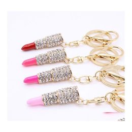 Key Rings Classic Fashion Metal Rhinestone Lipstick Red Keychain Bag Pendant For Woman Gift Drop Delivery Jewellery Otfae