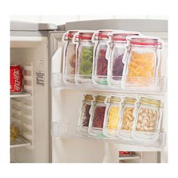 Kitchen Storage Organisation Mason Jar Shaped Food Container Plastic Safe Zippers Bags Reusable Eco Friendly Snacks Bag Smell Proo Dho4M