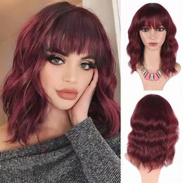 Synthetic Wigs Pink Colour With Bangs Short Bob Wig Body Wave For Women Cosplay Heat Resistant WigSynthetic