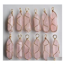 Arts And Crafts Natural Stone Pink Quartz Pillar Shape Point Handmade Iron Wire Pendants For Jewelry Necklace Earrings Making Drop D Dhdfs