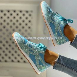 2022 New Dress Shoes Women Flat Glitter Sneakers Casual Bling Vulcanised Shoes Female Mesh Lace Up Platform Comfort Plus Size Fashion Ladies Autumn 110722H