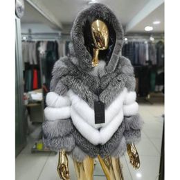 Women's Fur & Faux Women Fashion Real Silver Coat With Hood Thick Warm Winter Woman Overcoat Trendy Genuine Jacket Mid-length