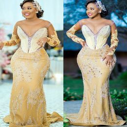 2023 Arabic Aso Ebi Mermaid Gold Prom Dresses Crystals Beaded Evening Formal Party Second Reception Birthday Engagement Gowns Dress ZU404