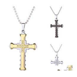 Pendant Necklaces Mens Crystal Cross Necklace For Women Double Layer Stainless Steel Crucifix Jesus Charm Chains Fashion Religion Je Otx6O