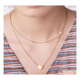 Pendant Necklaces Stainless Steel Heart Cross Clavicle Chain Necklace For Women Gold Sier Plated Fashion Double Layer Party Jewellery Dh4Zt