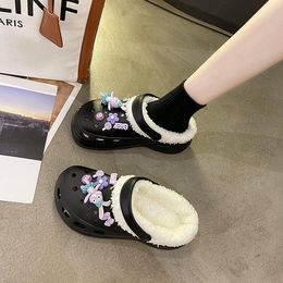 Slippers Winter Women Platform Plush Cartoon Woman Furry Thick Bottom Slides Girls Heighten Garden Shoes Female Hole