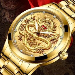 Wristwatches Golden Mens Watches Top Chinese Dragon Watch Business Full Steel Quartz Clock Male Relogio Masculino Moun22